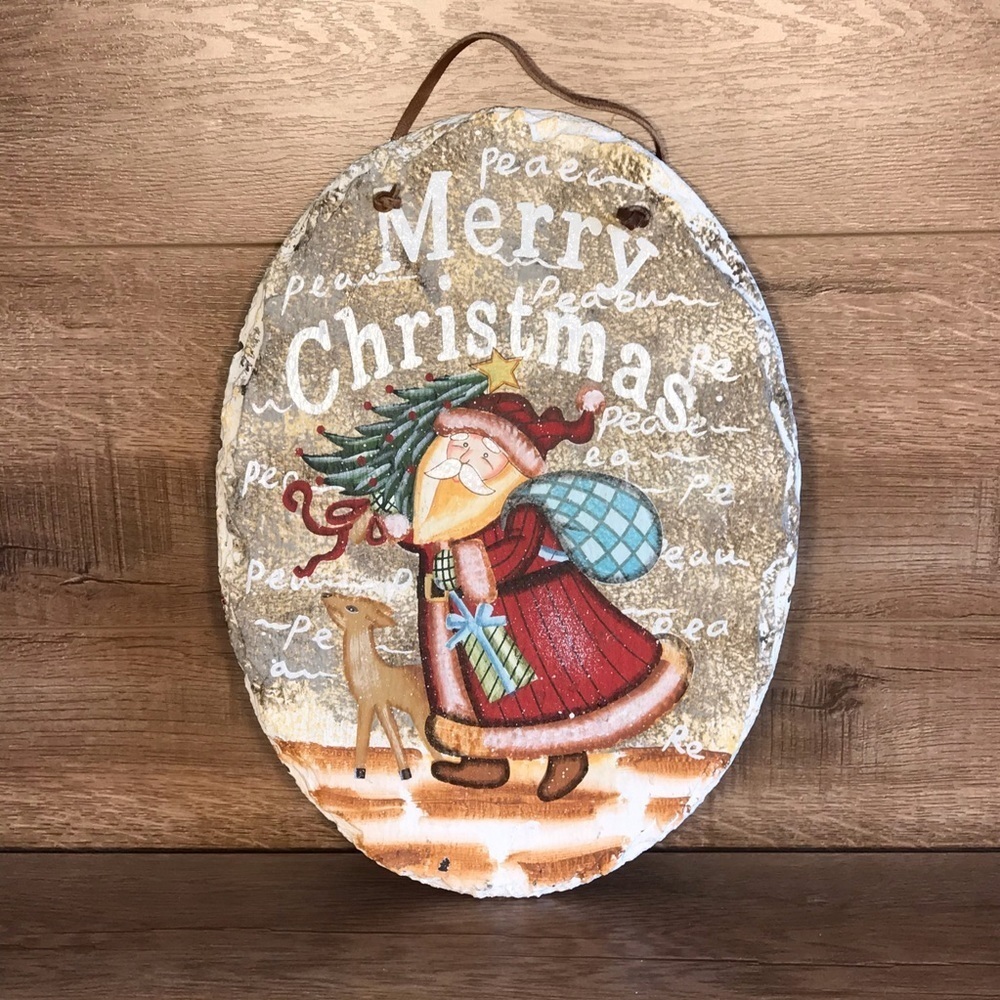 Oval Slate Hand Painted Santa Christmas Plaque Wall Decor‎ Hanger Victorian